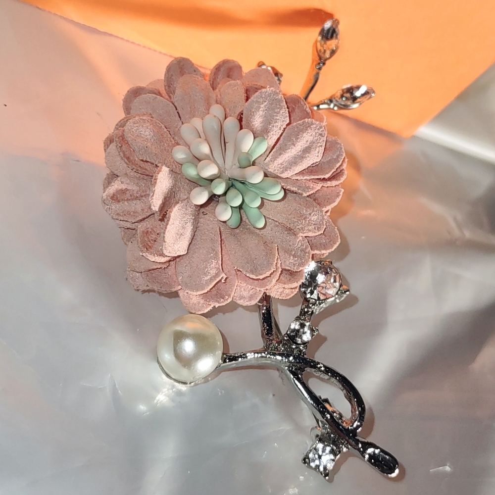Pastel Pink Flower & Pearl Brooch Accessory made from fabric